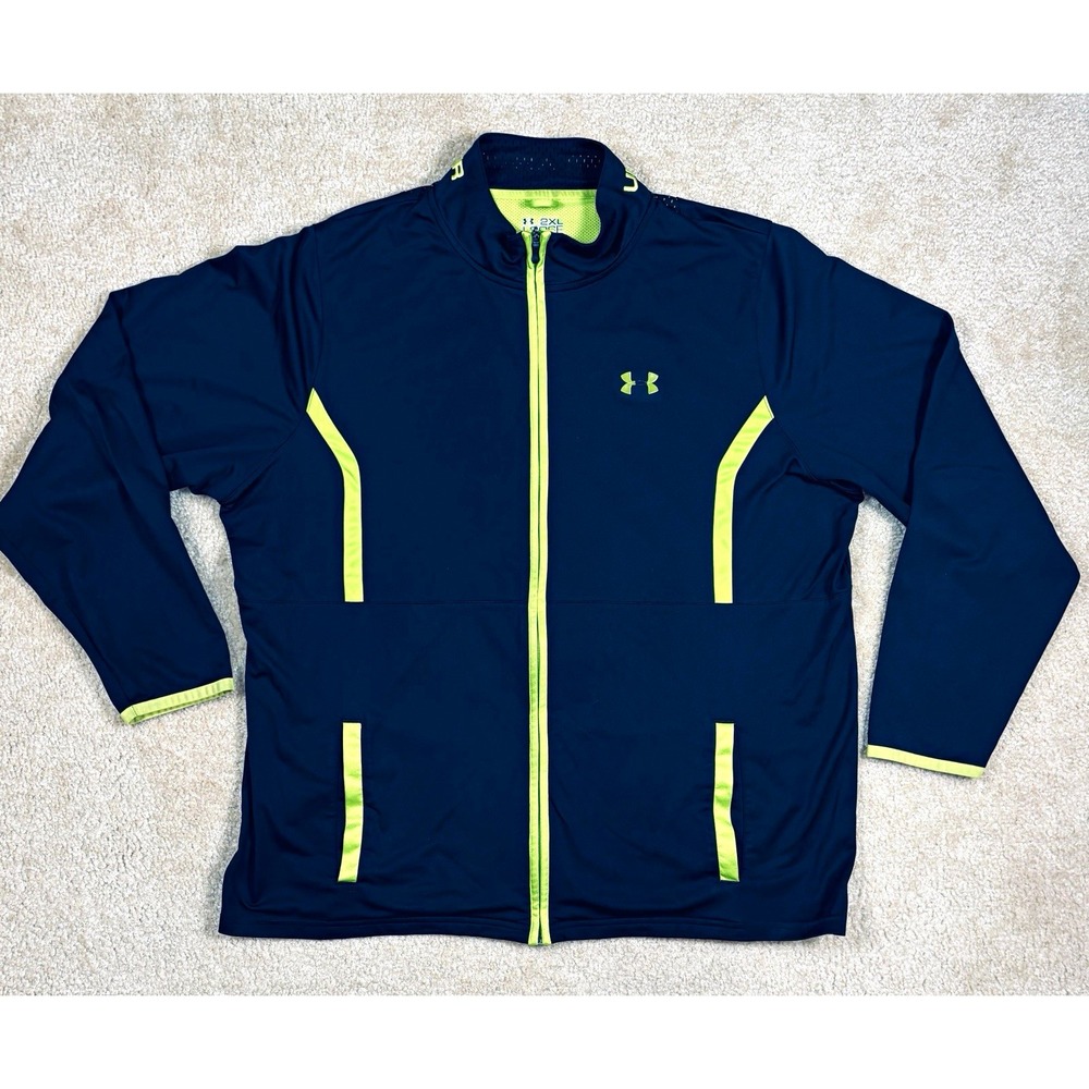 Under Armour ColdGear Men's 2XL Navy/Green Loose Full Zip Mock Neck Jacket
